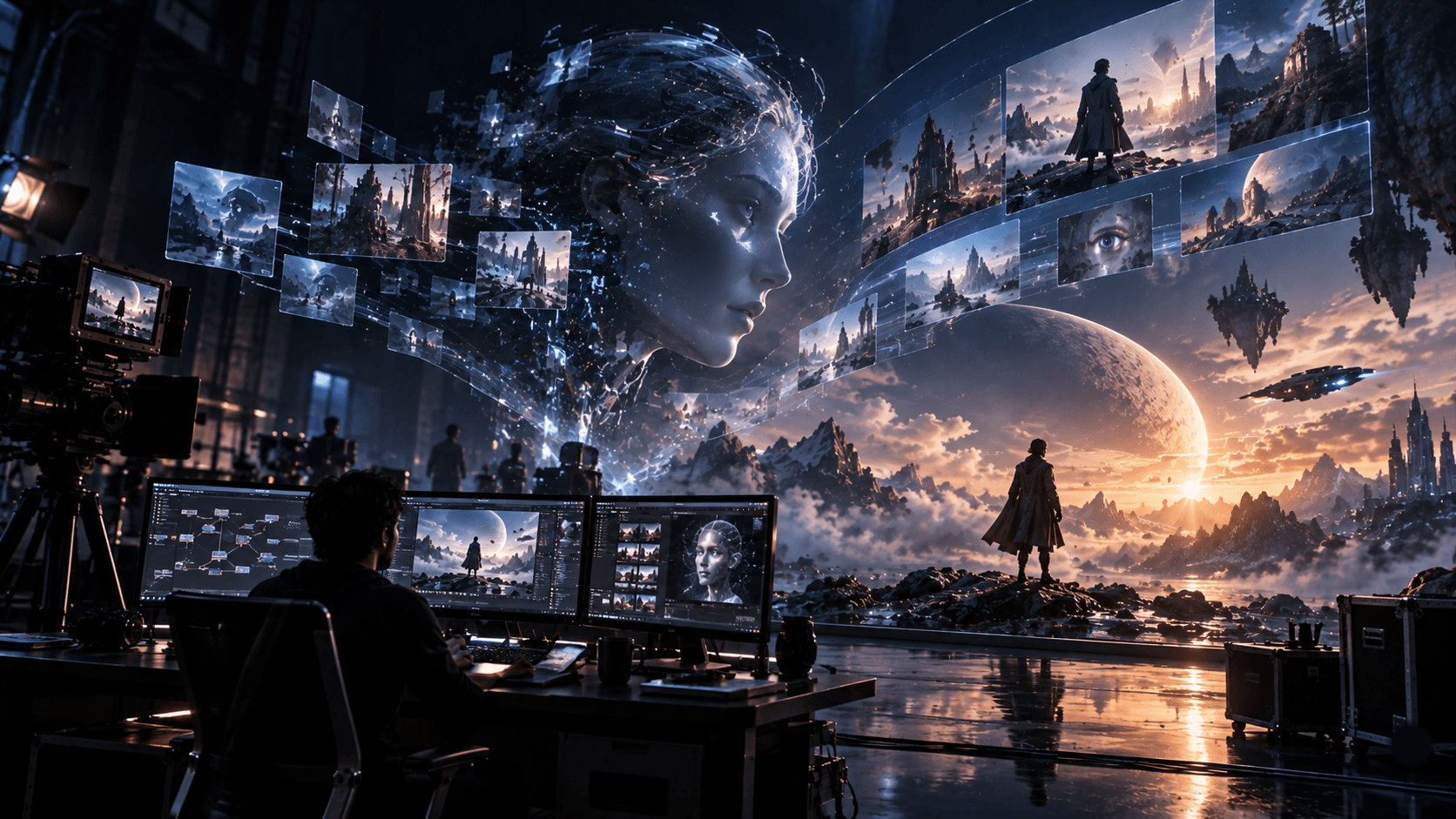 Cinematic visual effects frame for AI CINEMA — The Glitch VFX