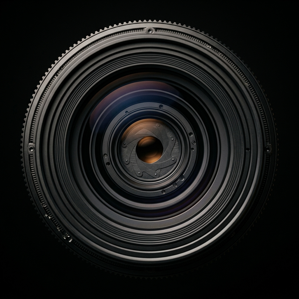 Cinematic optical camera lens aperture representing precision and craft at The Glitch VFX studio